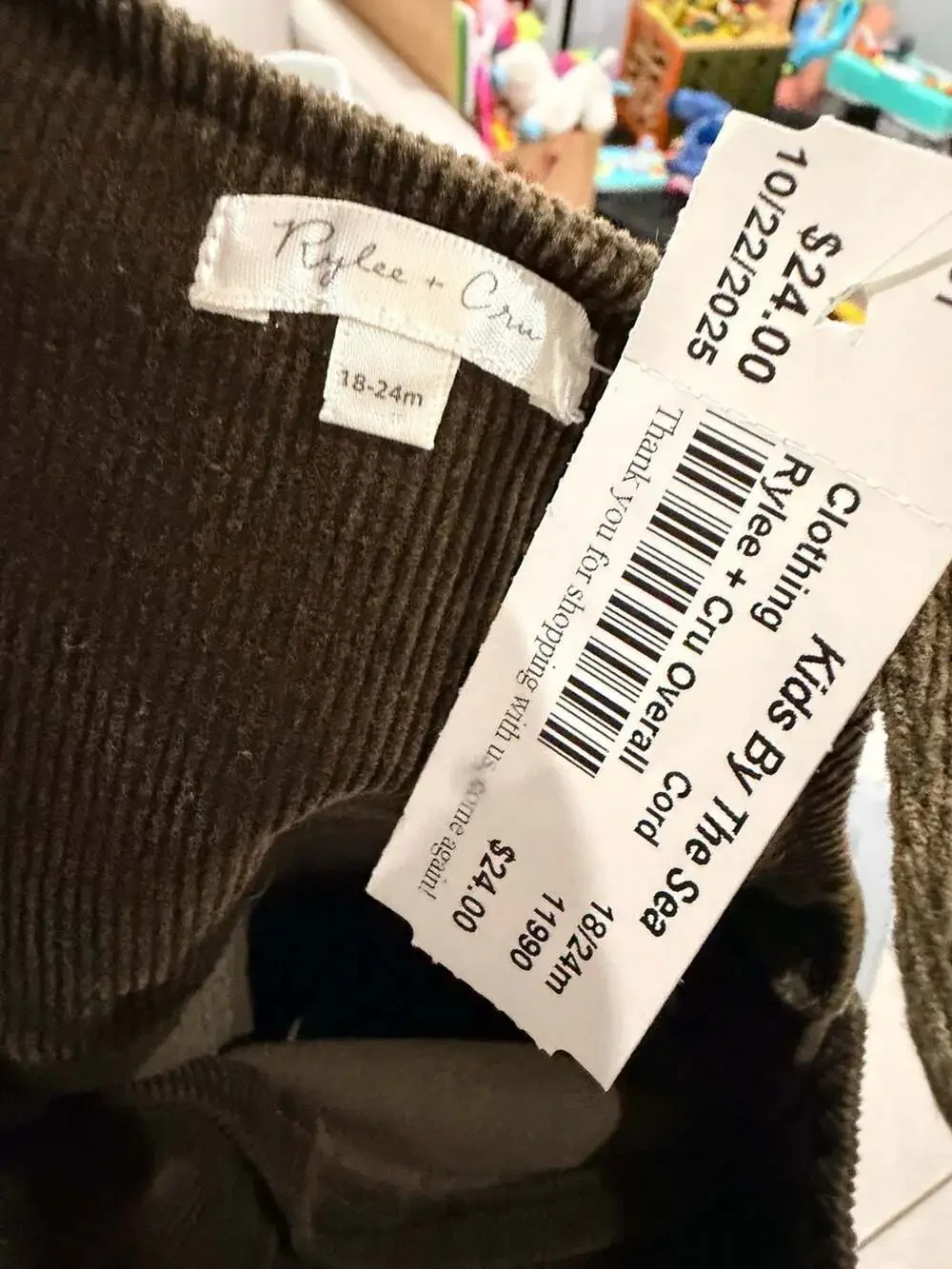 Rylee + Cru Corduroy Overall Size 18-24m Olive Green